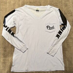 PINK Long Sleeve V-Neck Pocket Tee in Light Blue with Black Sleeve Details